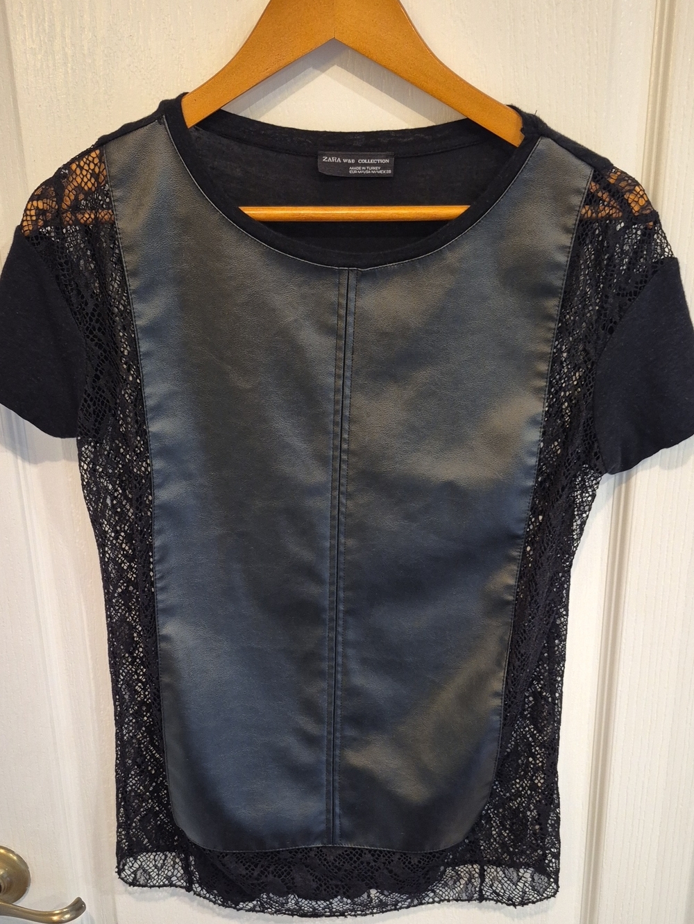 Zara W&B Collection Black Faux Leather Front Lace Short Sleeve Top